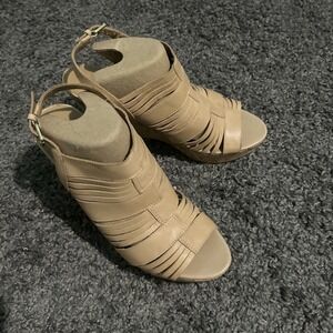 Franco Sarto Womens Size 9.5 Slingback 4.5" Wedge Cork Heel Tan Leather